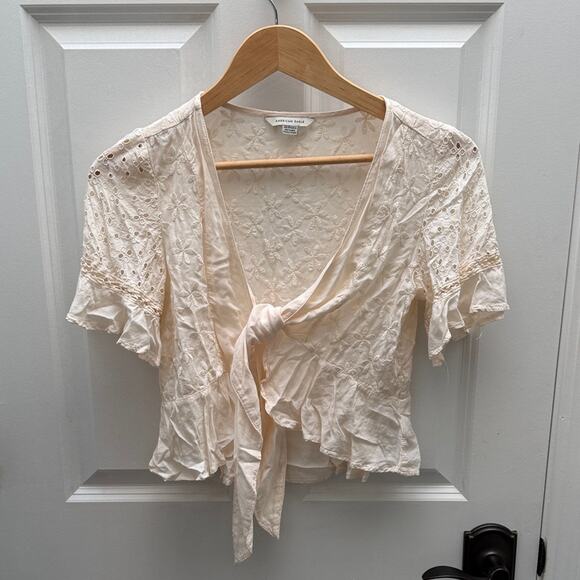 American Eagle Outfitters Tops - AMERICAN EAGLE Boho Festival Cream Lace Tie-Front Short Sleeve Top Size XS